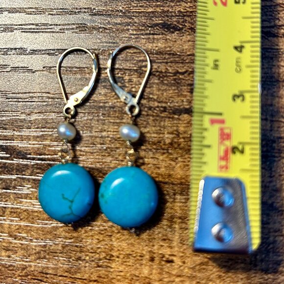 Turquoise & Freshwater Pearl Gold Dangle Earrings - Picture 1 of 3